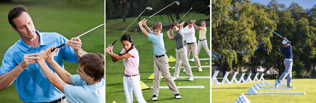 Three images: golf pro teaching, students teeing off, man teeing off
